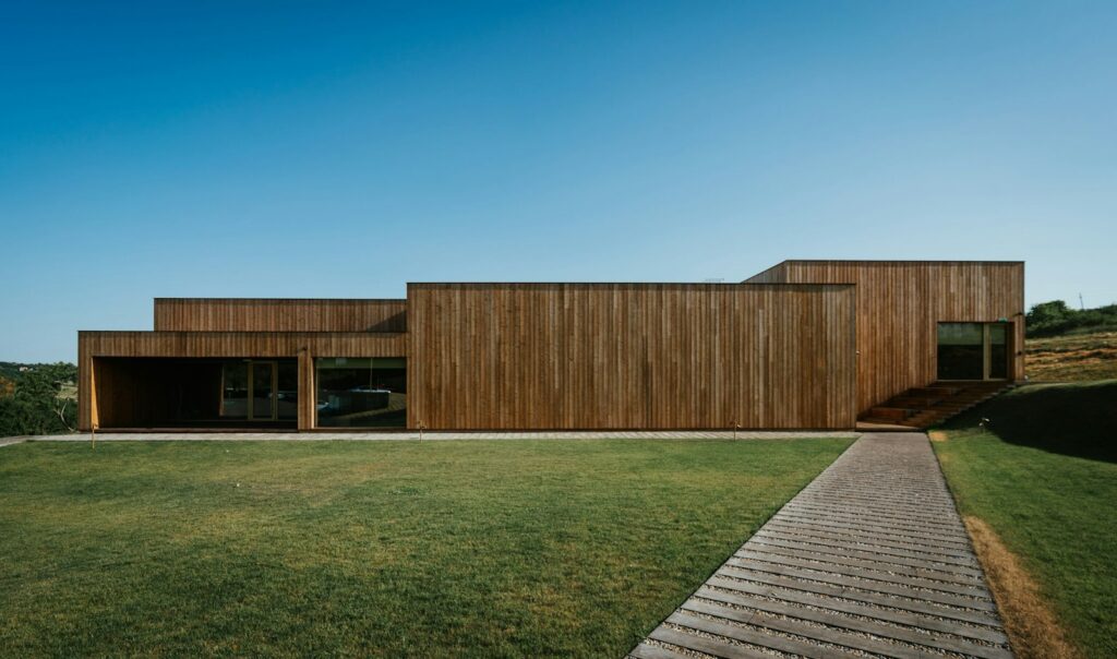 Eco-friendly timber office building with a contemporary design, built using sustainable cross-laminated timber