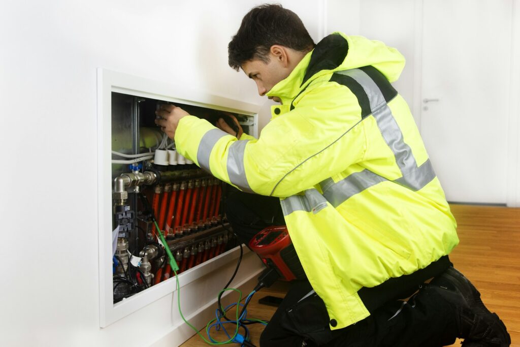 Young tradesman in a yellow jacket working on a heating installation